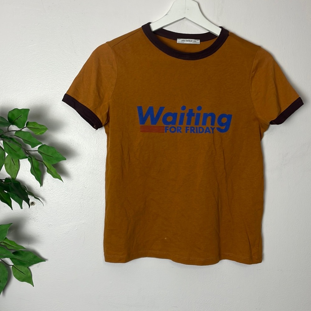 🧡 ZARA vintage 70s style graphic ringer t shirt crop top baby tee mustard S 🧡